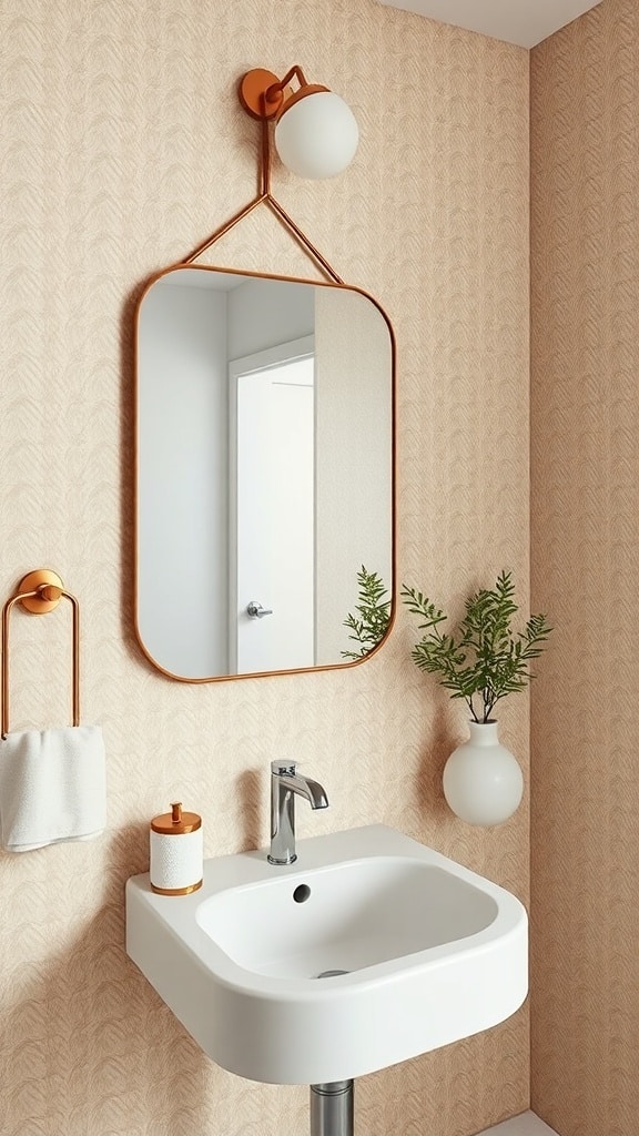A mid-century beige bathroom with textured walls, modern sink, round mirror, and decorative plants.