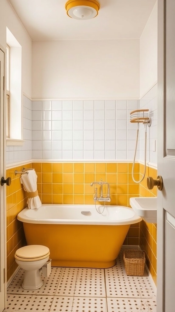 A vintage-style bathroom featuring mustard yellow tiles, a clawfoot tub, and classic fixtures.