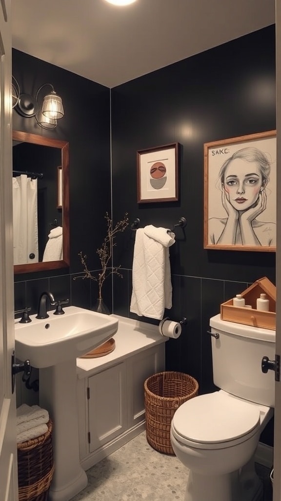 A dark bathroom with personalized decor elements including a round mirror, wall art, a clock, and greenery.
