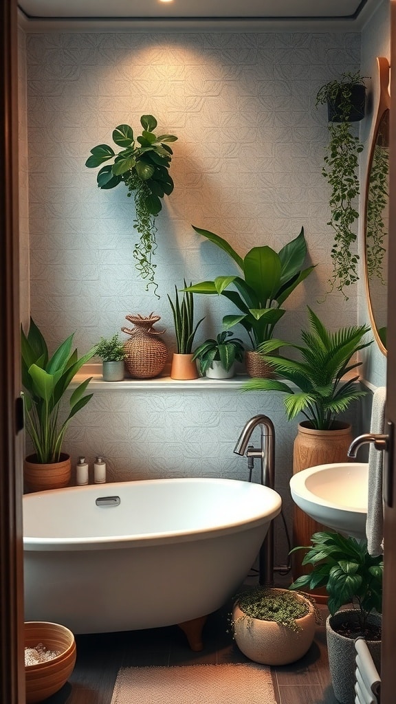 A cozy cream bathroom featuring various plants, a bathtub, and natural materials.