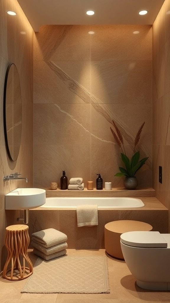 A modern bathroom featuring brown tiles, a round mirror, a wooden stool, and a plant, creating a nature-inspired aesthetic.