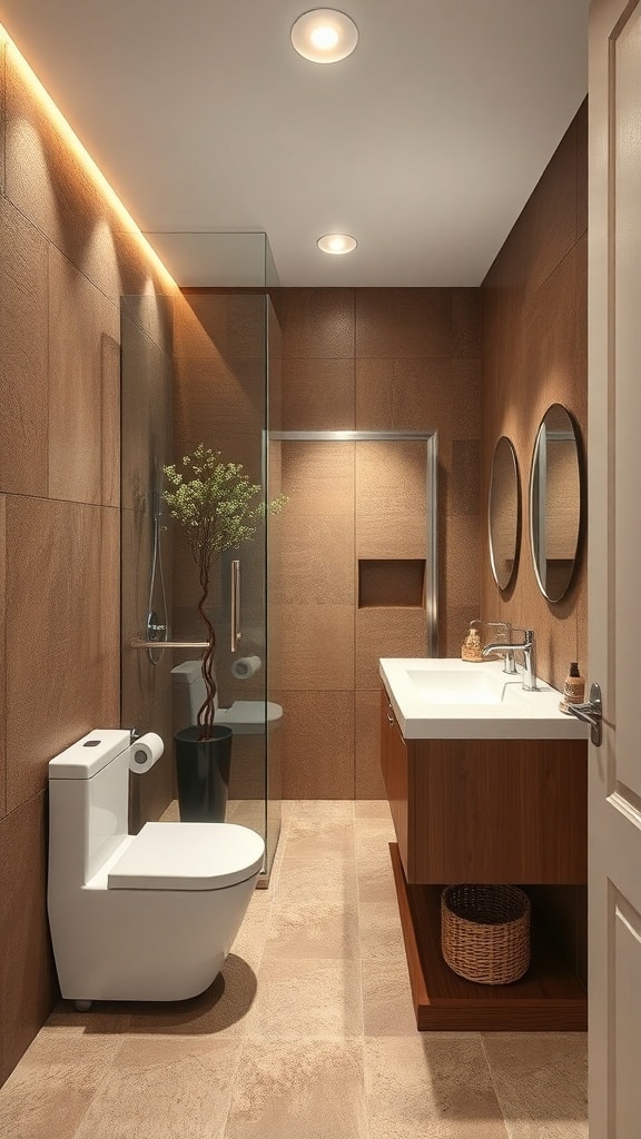 A small bathroom with textured brown wall tiles, featuring a white toilet and sink.
