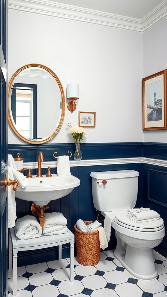A stylish navy blue and white bathroom featuring gold accents and white fixtures.