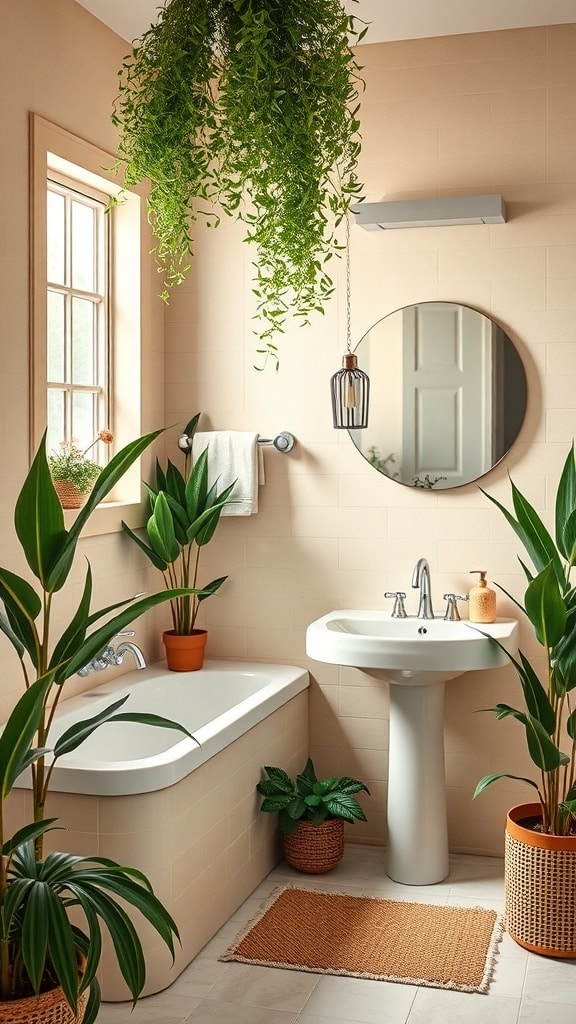 Mid-century beige bathroom with indoor plants