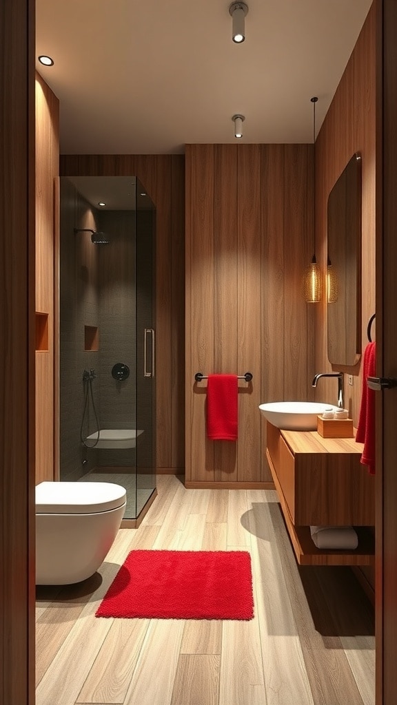 A minimalist red bathroom featuring wooden walls, a red rug, and sleek fixtures.