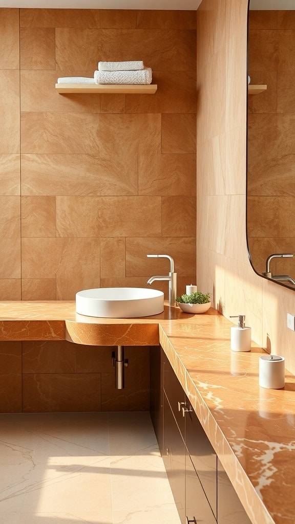 Luxurious bathroom featuring caramel marble countertops with a round basin and modern faucet.