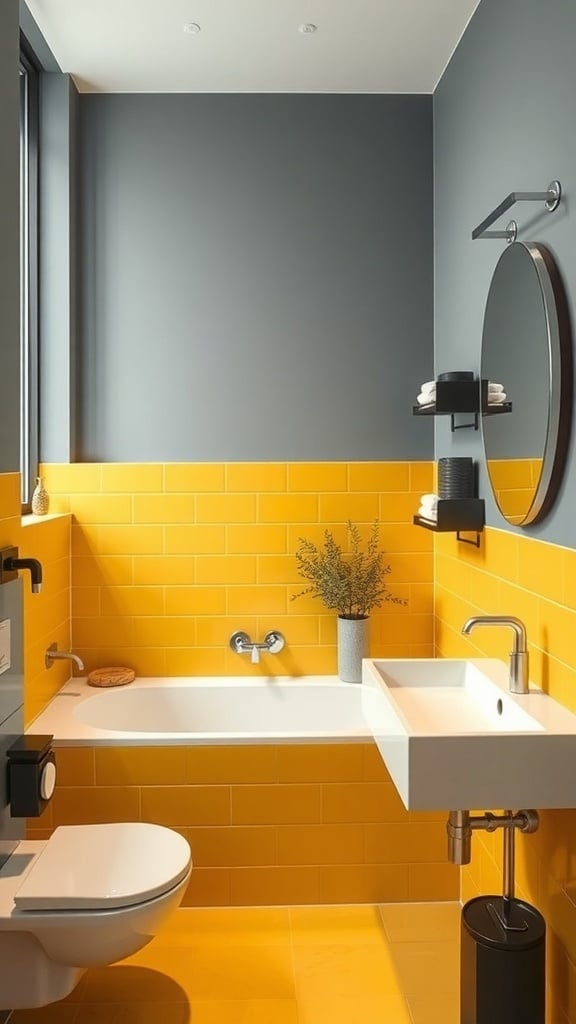 Modern bathroom featuring a bold mustard yellow accent wall with gray walls.