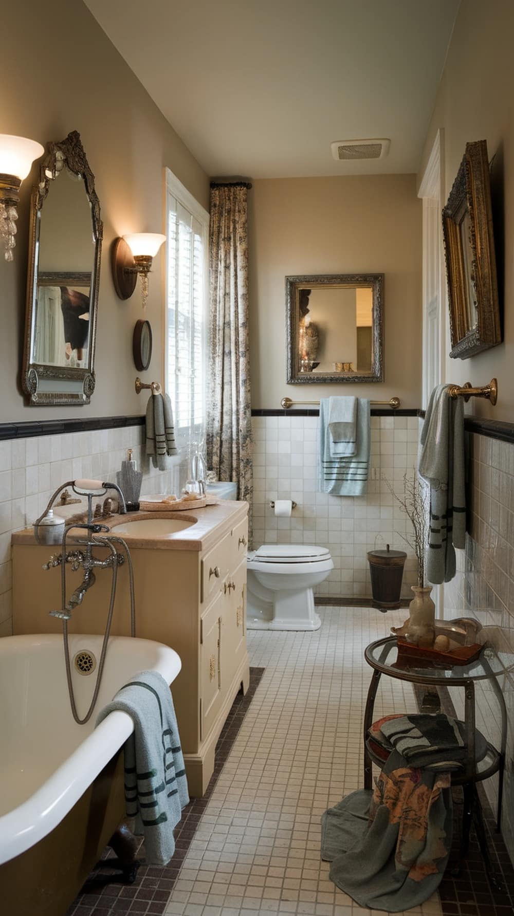 A vintage taupe bathroom featuring multiple mirrors, wooden shelves, and decorative items.