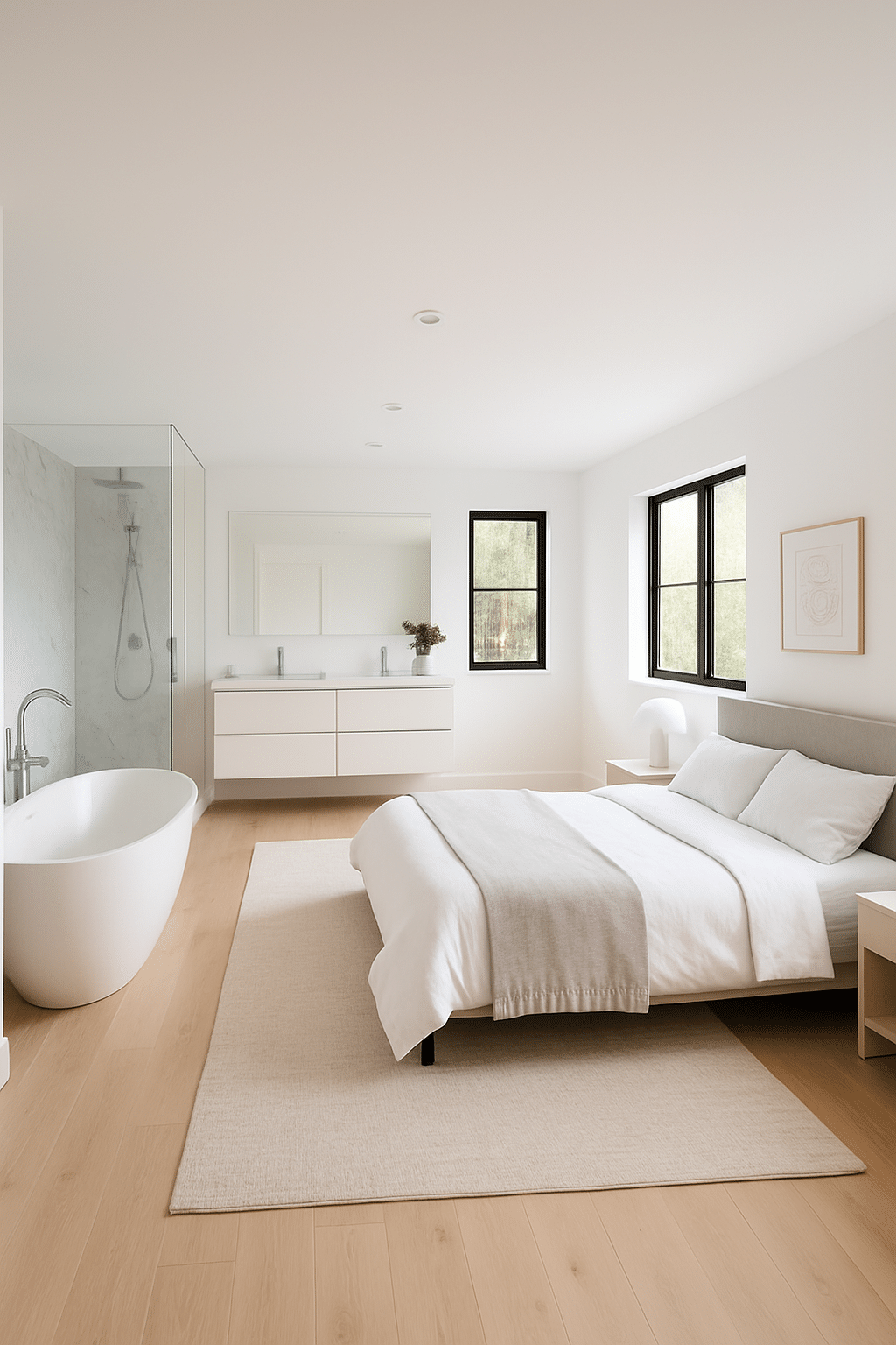 A modern open concept bathroom with a glass shower, white walls, and minimalistic design.