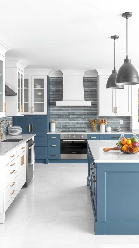 A modern kitchen featuring slate blue cabinets, white countertops, and gold hardware, creating a stylish contrast.