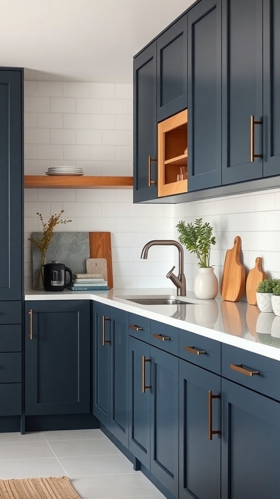 A modern kitchen featuring slate blue cabinets with wood accents and open shelving.