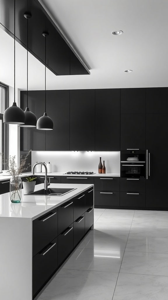 A modern black and white kitchen featuring sleek cabinetry, white countertops, and pendant lighting.