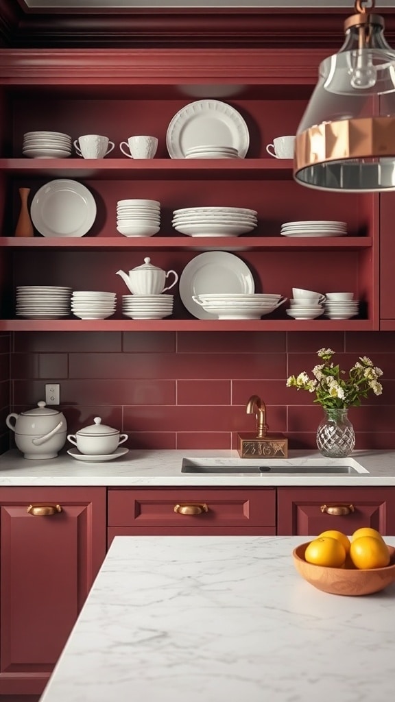 Open shelving in a burgundy kitchen displaying white dishware and decorative items.
