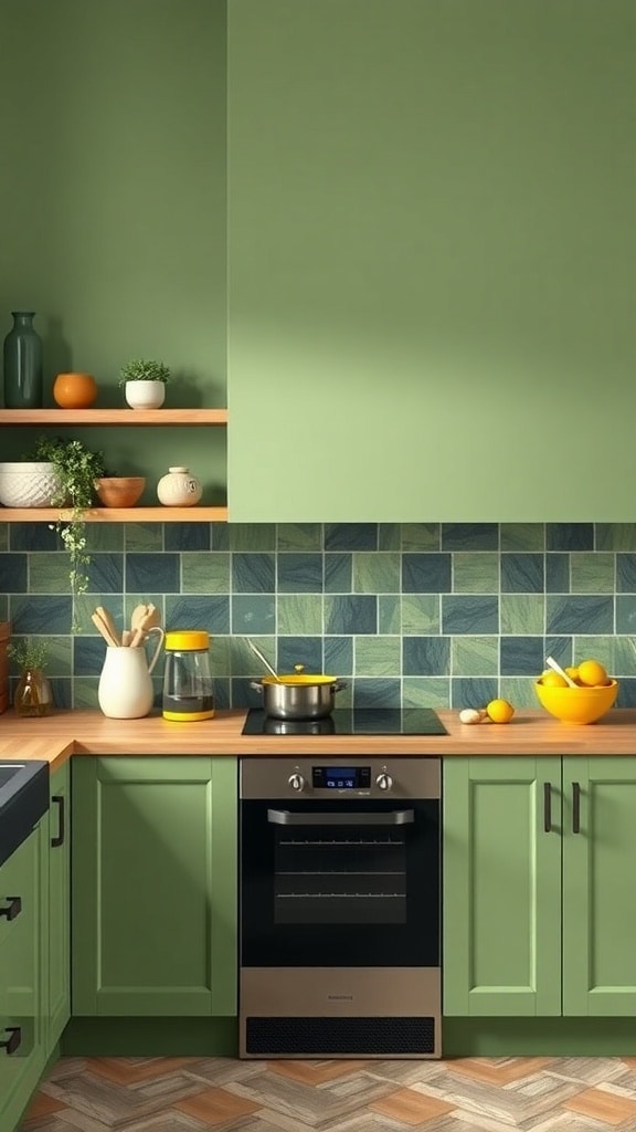 A cozy sage green kitchen with bold blue and green tiles, wooden countertops, and bright yellow accessories.