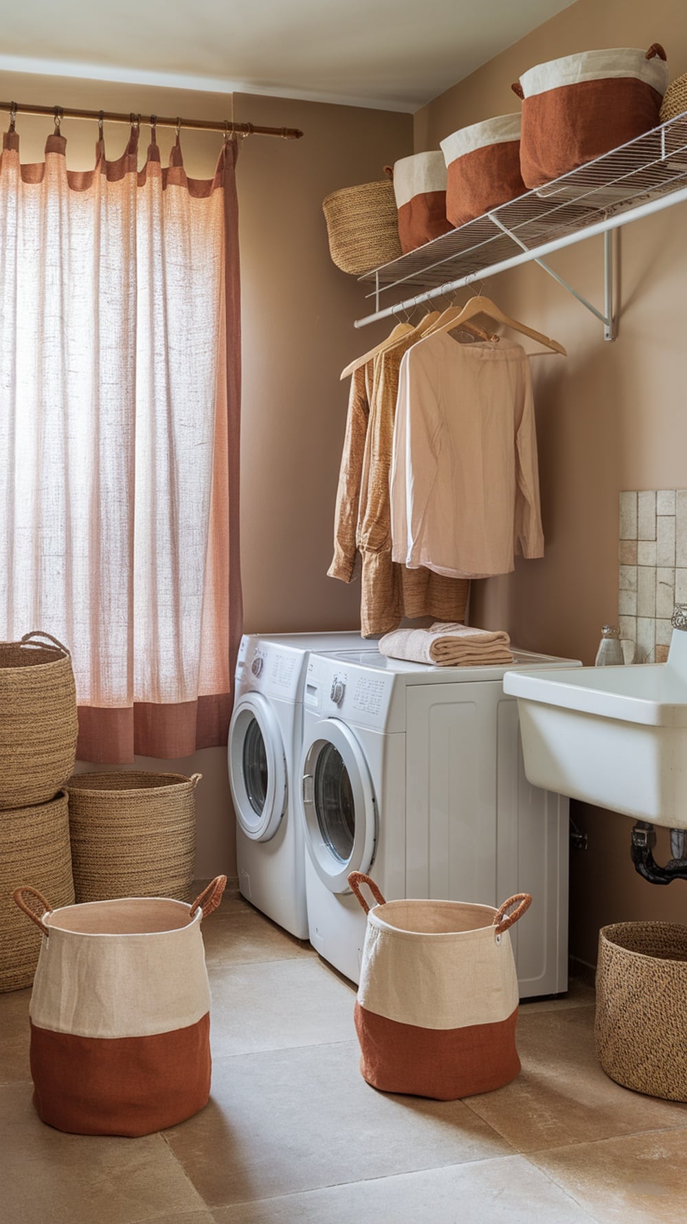 Laundry room featuring earthy ochre textiles and fabrics, including curtains and storage baskets.
