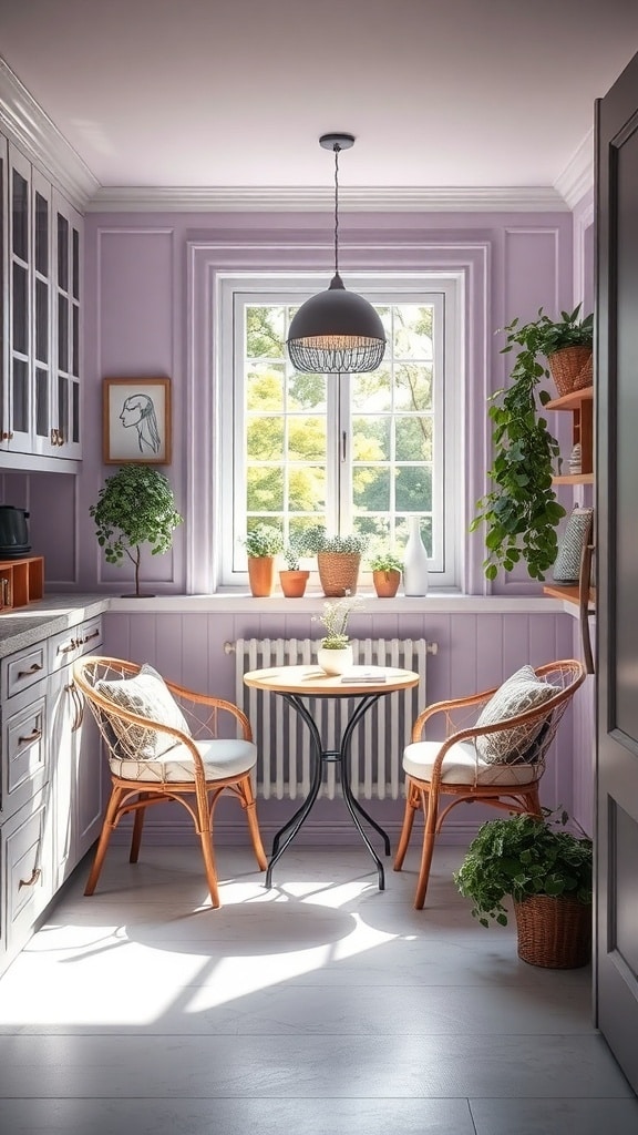 A cozy kitchen nook with lavender walls, a round table, and rattan chairs surrounded by plants.