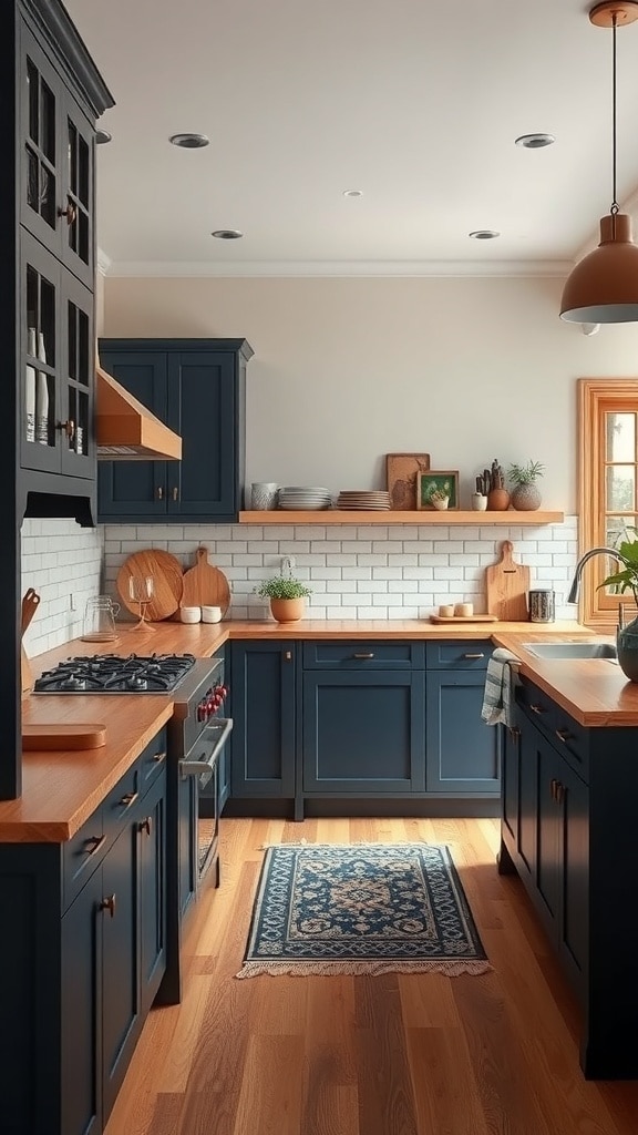 A modern kitchen featuring navy blue cabinets and warm wooden countertops, with natural light and greenery.