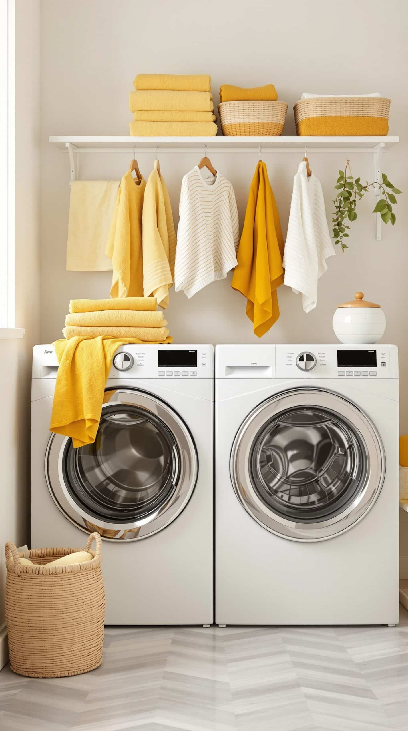 A bright laundry room featuring mustard yellow linens, neatly arranged towels, and a cozy atmosphere.