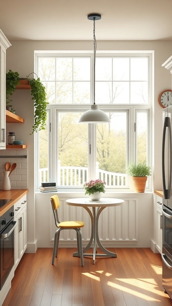 Bright kitchen with large windows, a round table, and plants, showcasing natural light.
