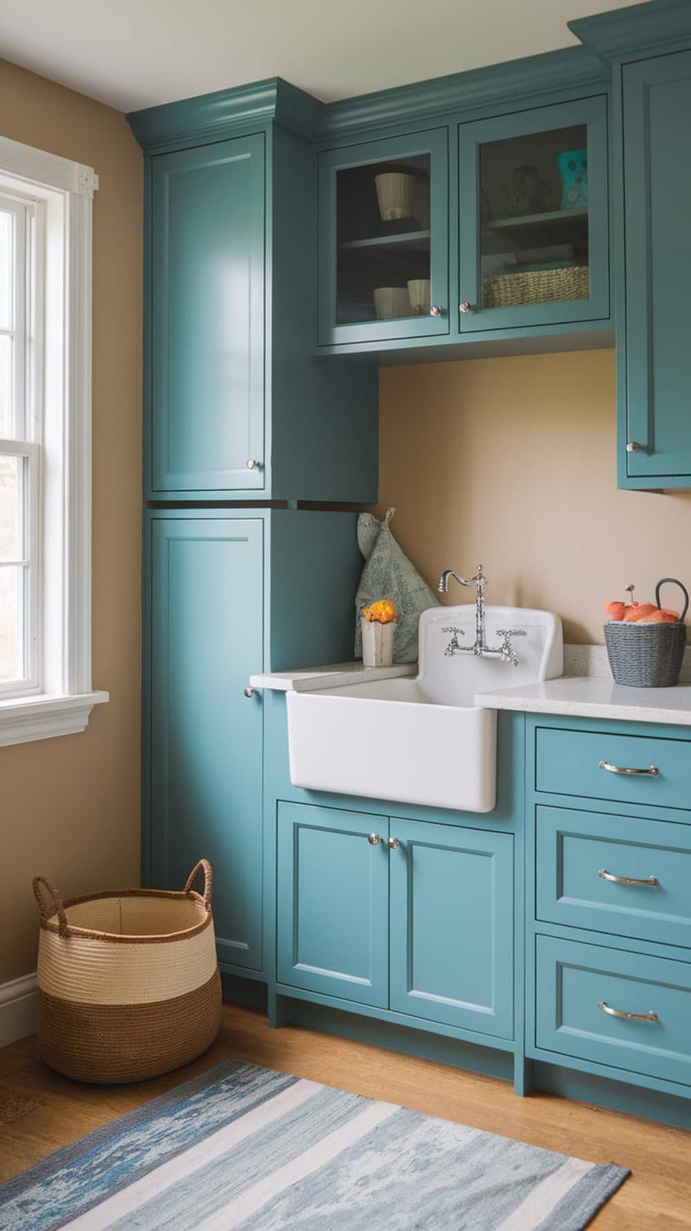 A stylish peacock blue utility sink in a laundry room with cabinetry and decorative elements.