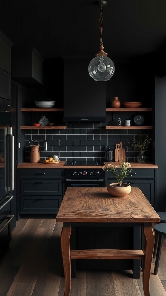 A modern black kitchen featuring natural wood elements, including a wooden table and shelves.