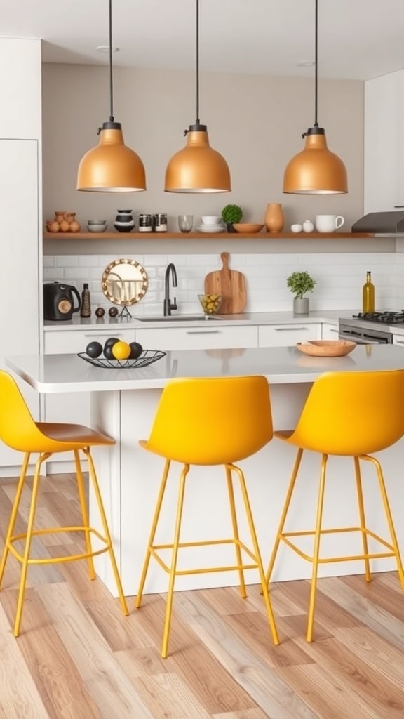 A modern kitchen featuring mustard yellow bar stools, a white countertop, and stylish pendant lights.