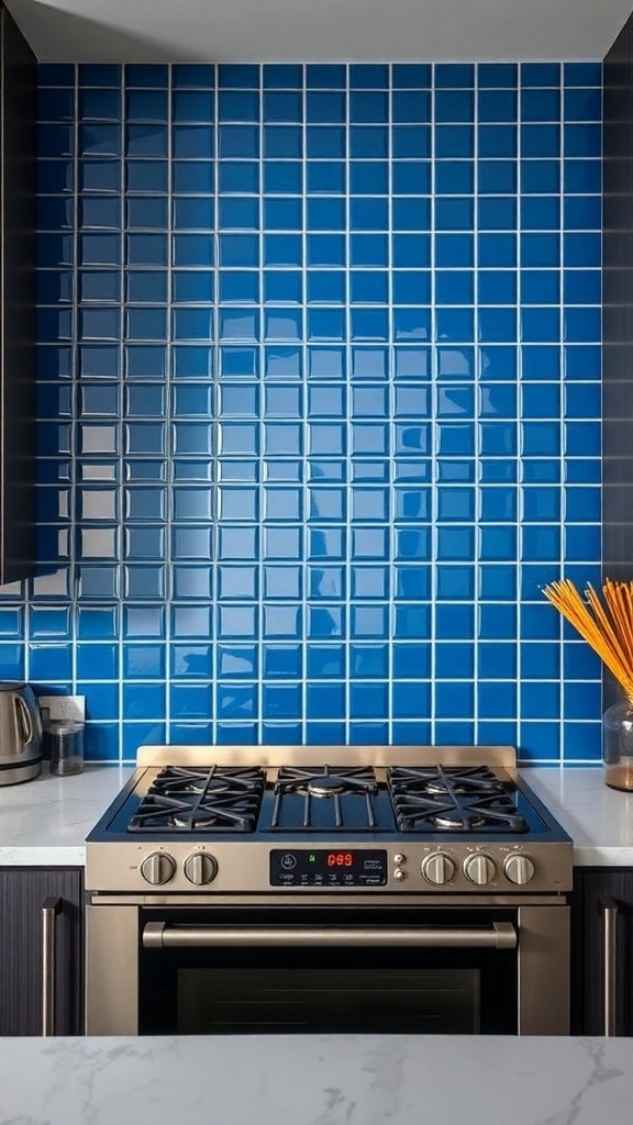 A modern kitchen featuring a sapphire blue tile backsplash behind a stainless steel stove.