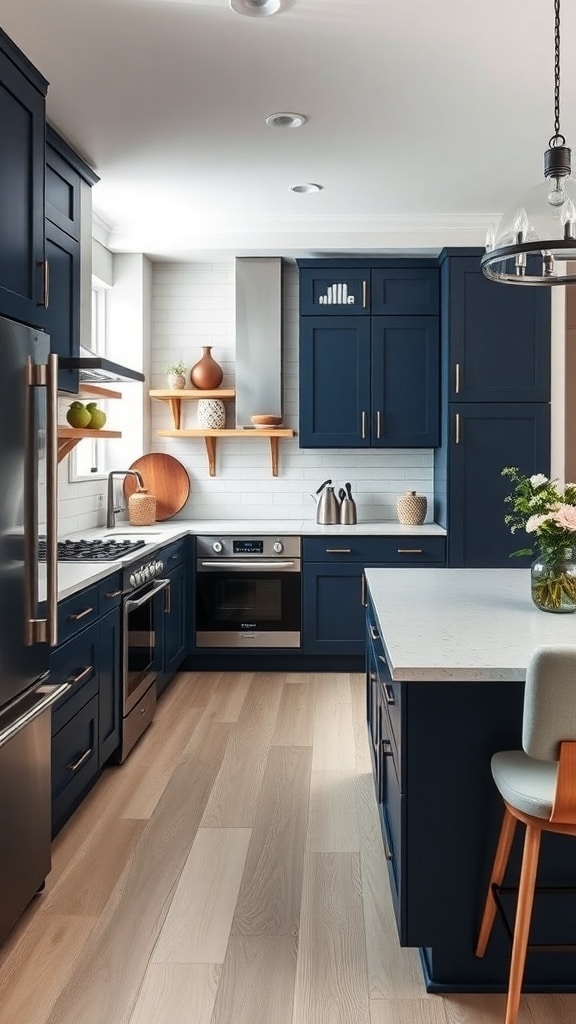 A modern navy blue kitchen featuring sleek cabinets, light countertops, and warm wood accents.