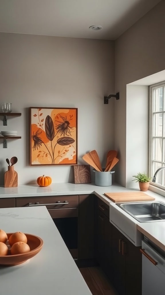 A kitchen with burnt sienna wall art, modern cabinetry, and a cozy atmosphere.