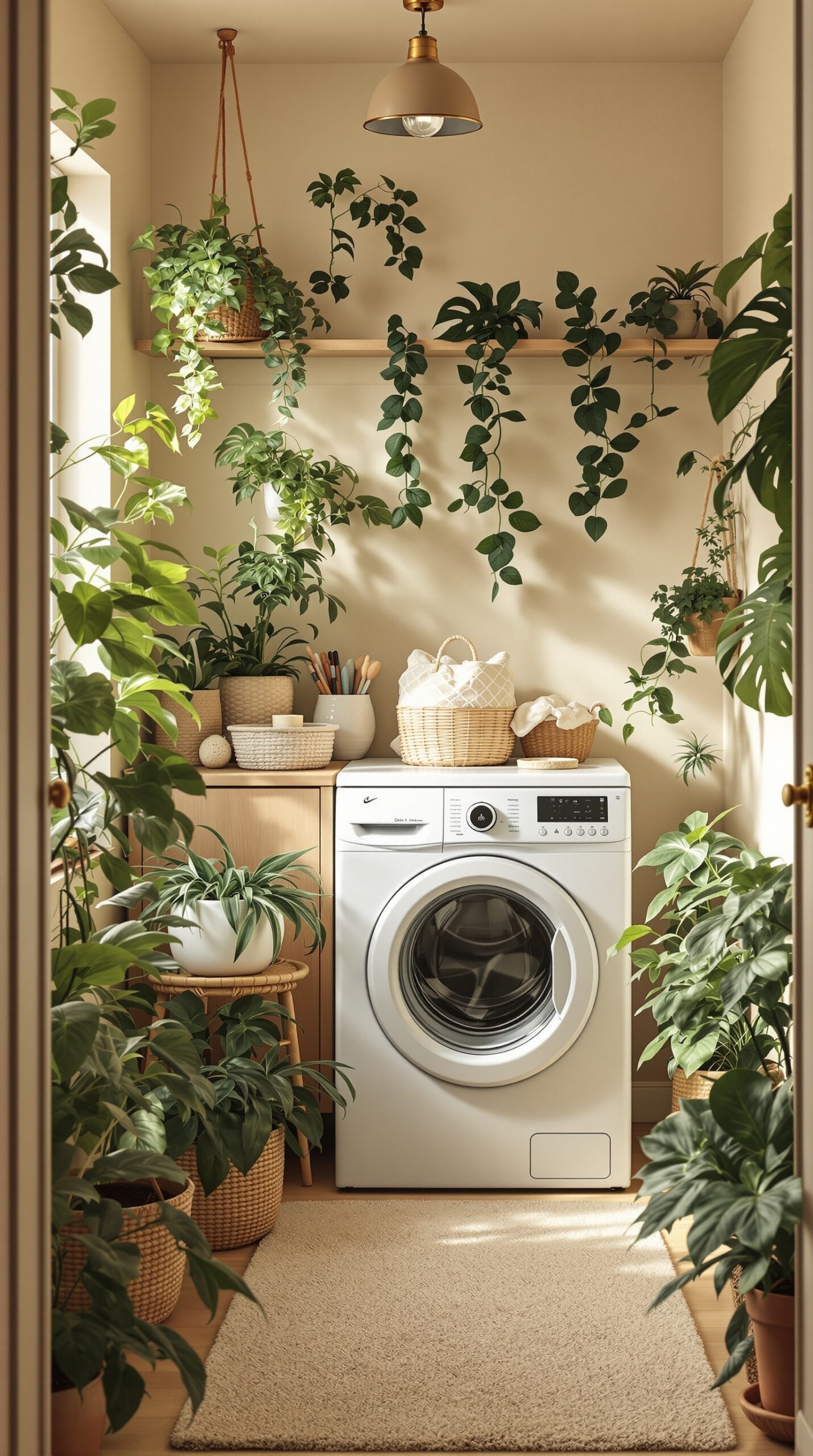 Cozy beige laundry room with various plants and a washing machine.