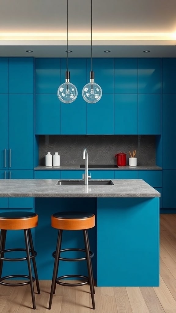 A modern kitchen featuring a cerulean island with gray countertop and stylish bar stools.
