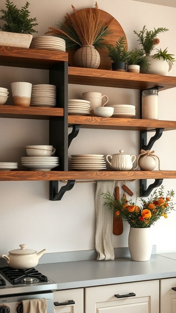 Cozy beige open shelving display in a kitchen with plates, mugs, and decorative plants.