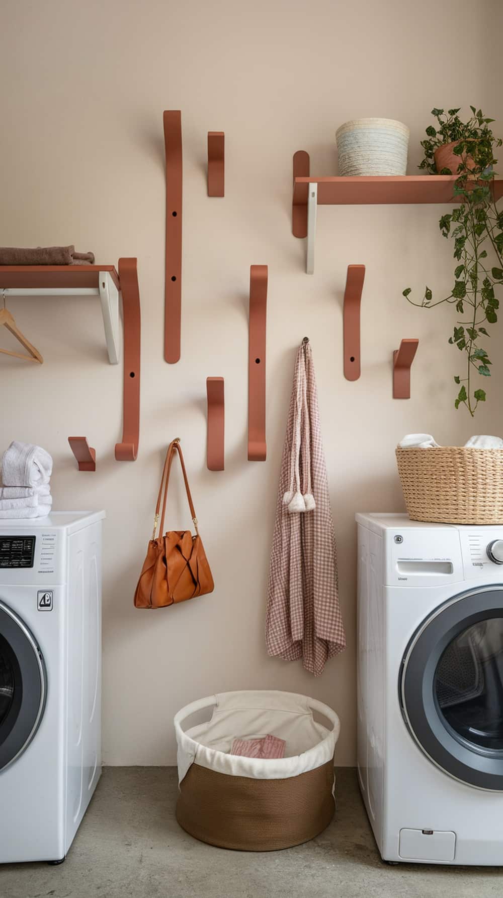 Creative wall hooks in earthy ochre color in a laundry room setting