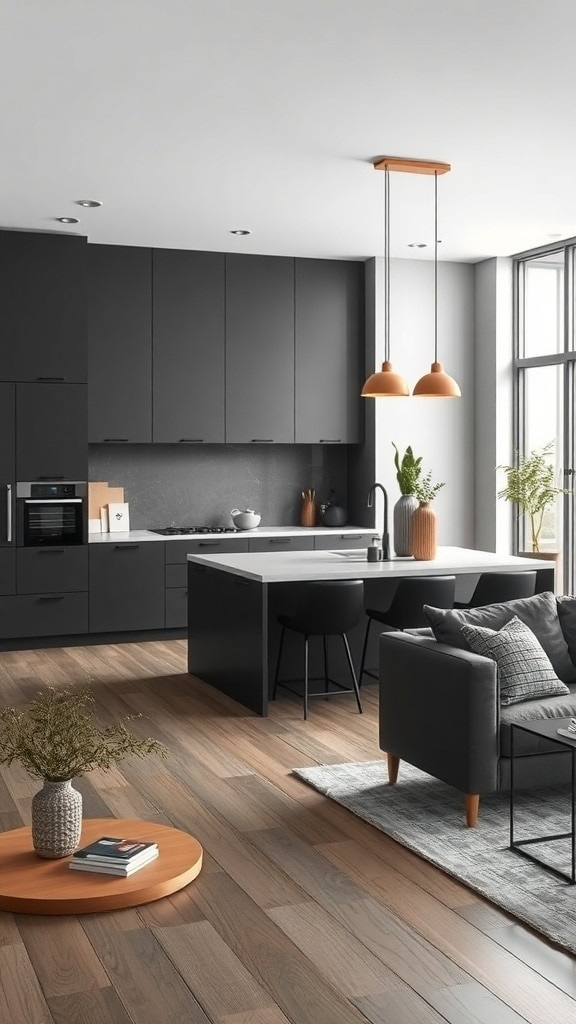 A modern charcoal gray kitchen with an open concept layout, featuring dark cabinetry, light countertops, and a central island.