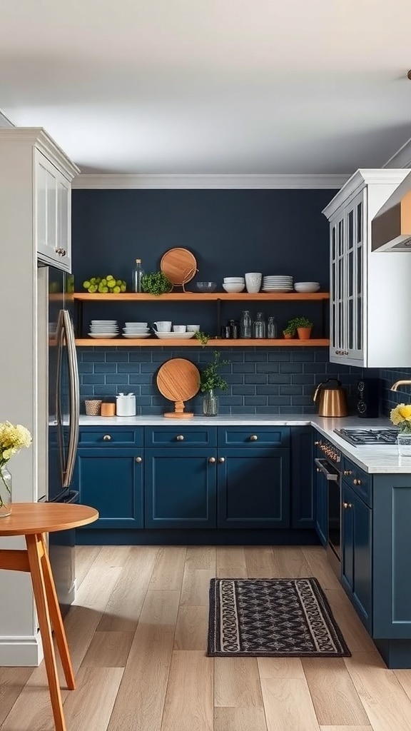 A stylish kitchen featuring a navy blue accent wall with open shelves and light cabinetry.