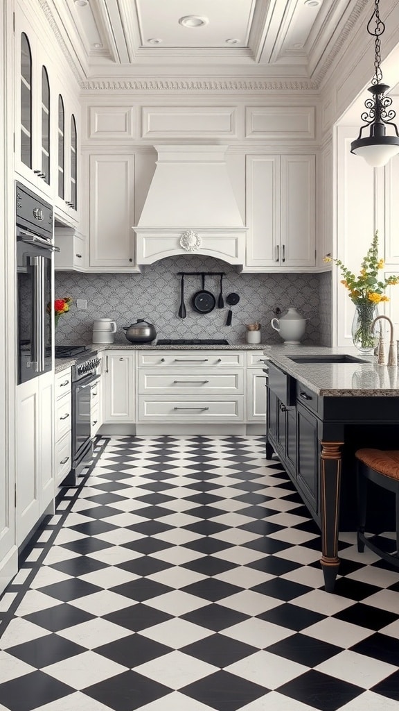 A stylish kitchen featuring timeless checkerboard flooring in black and white, with white cabinets and a black island.