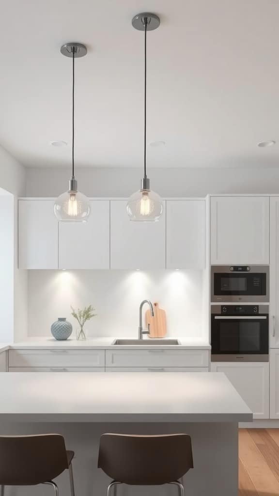 Minimalist white kitchen with simple pendant lighting fixtures above an island.