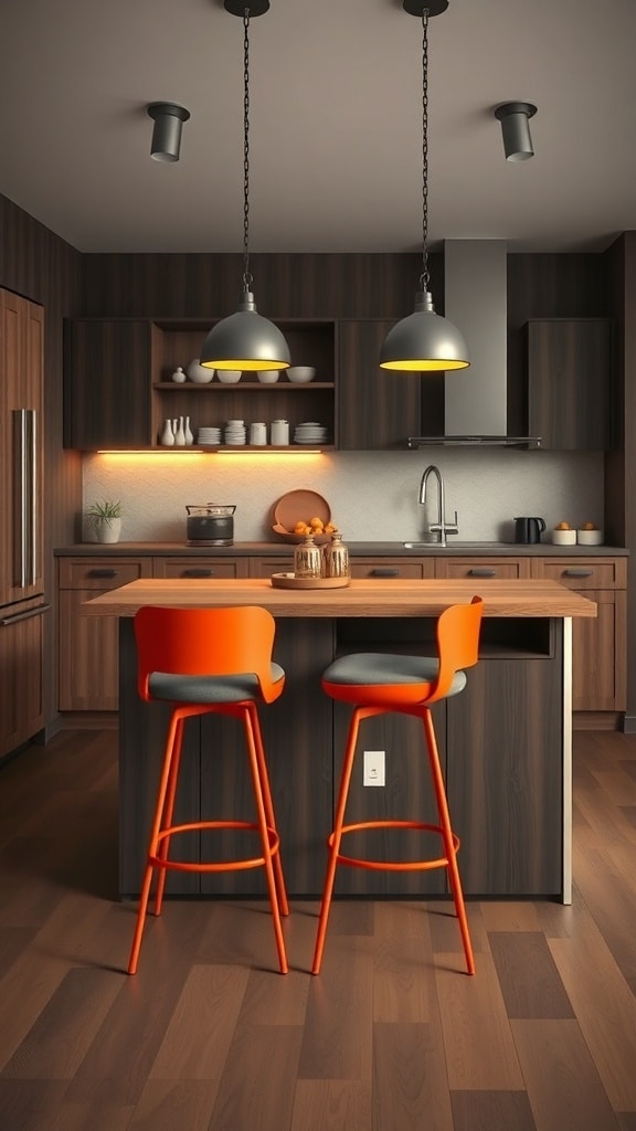 Two orange bar stools in a modern kitchen with dark wood cabinetry and pendant lights.