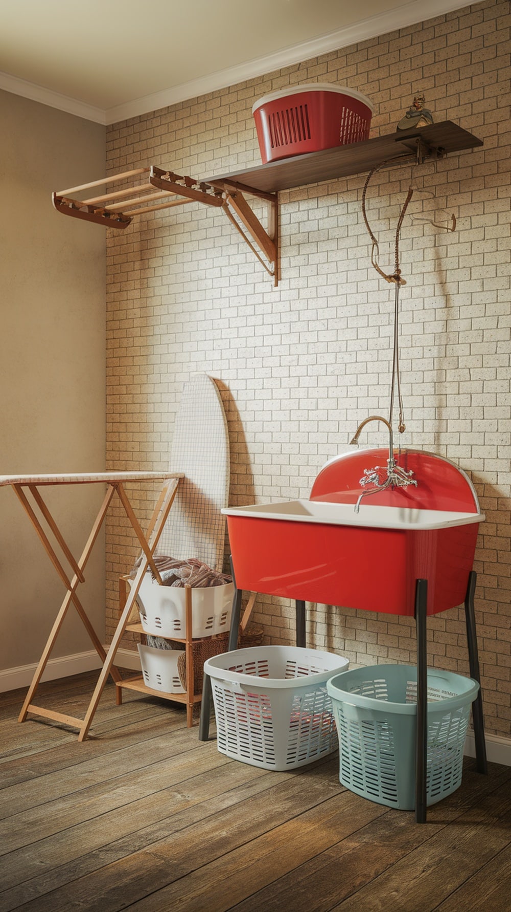 A vibrant red wash basin in a vintage-style laundry room with wooden shelves and various laundry baskets.