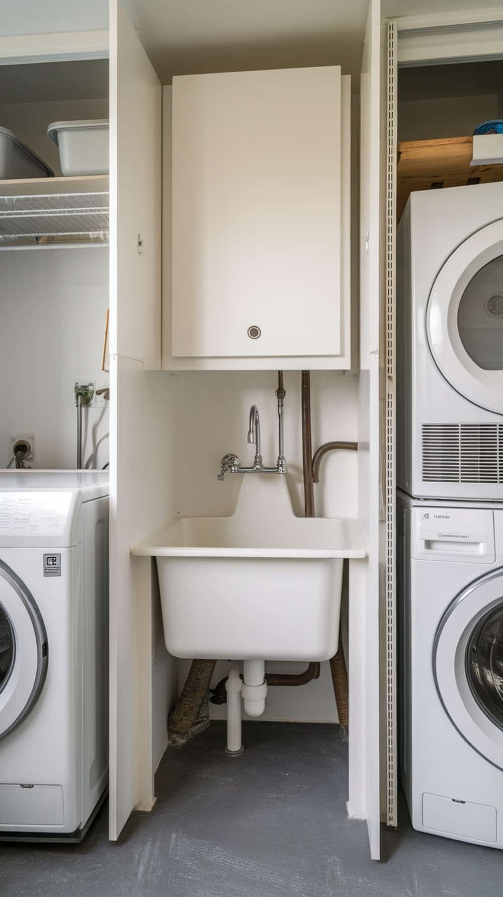 A clean white utility sink located between a washing machine and a dryer in a laundry room.