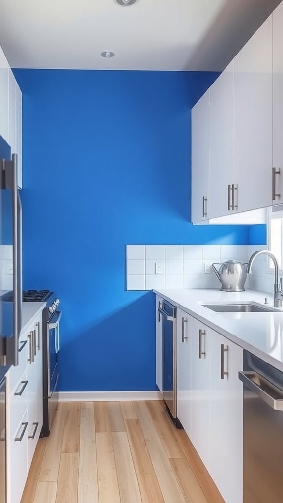 A modern kitchen featuring a bright blue accent wall, white cabinets, and wooden flooring.