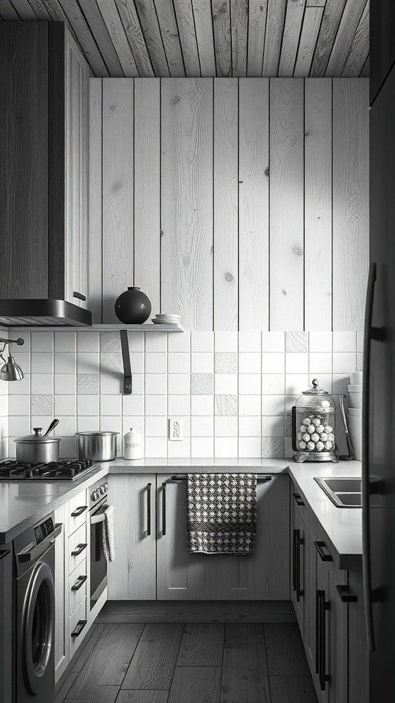 A stylish black and white kitchen featuring textured wooden walls, sleek tiles, and modern appliances.