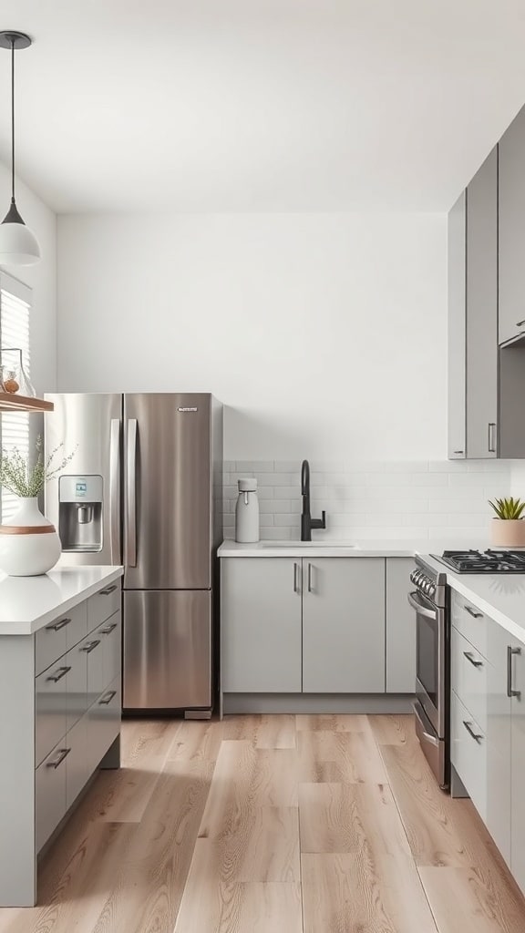 Modern light gray kitchen with stainless steel appliances and wooden flooring.
