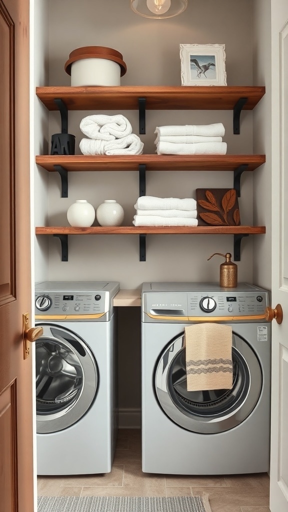 A laundry room featuring rustic wooden shelves with neatly stacked towels and decorative items above modern washing machines.