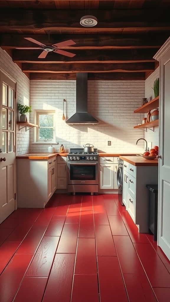 A cozy kitchen featuring bold red flooring, light cabinets, and wooden countertops.