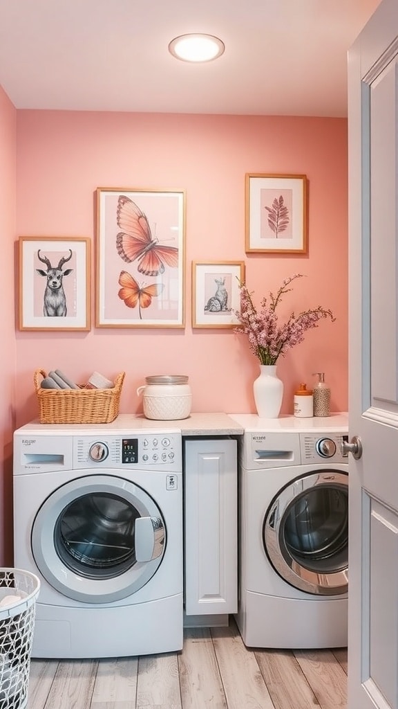 A laundry room with blush pink walls and framed wall art featuring nature themes.