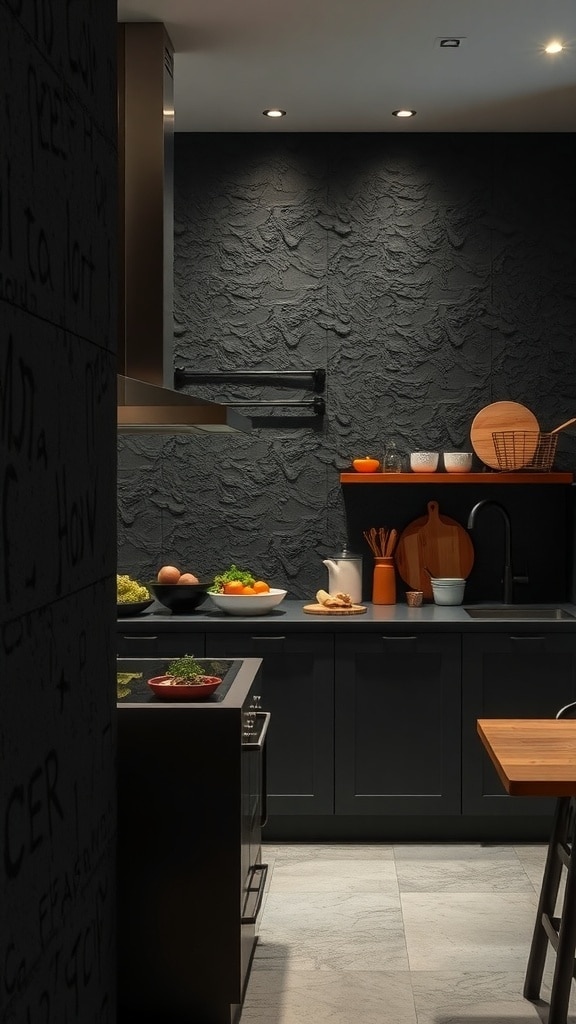 A modern kitchen featuring textured black walls, sleek cabinetry, and colorful kitchenware.