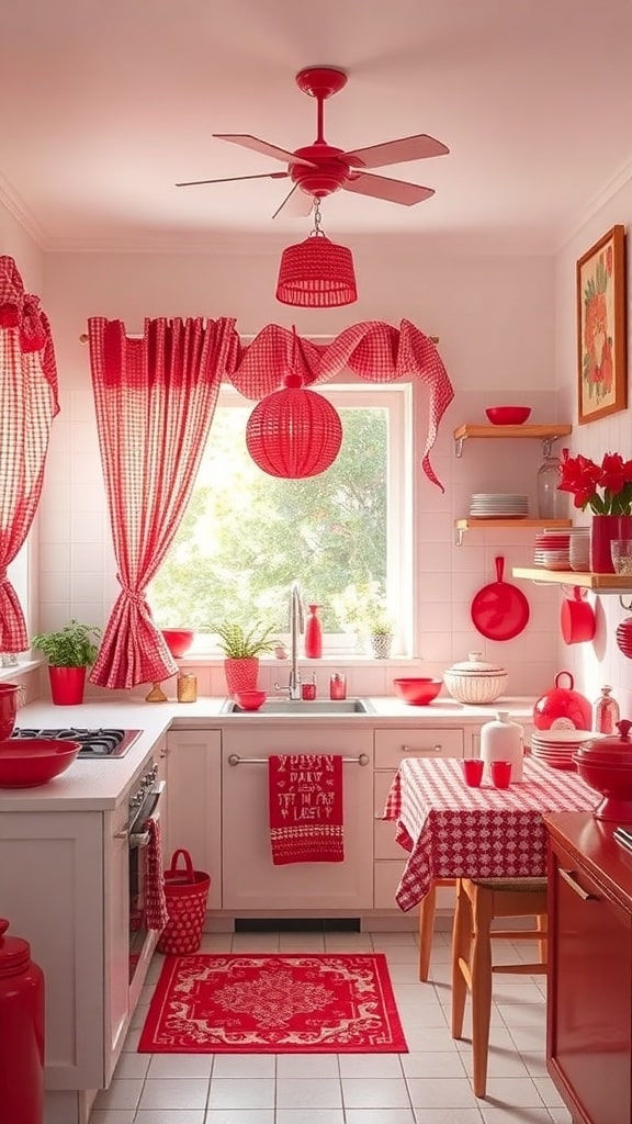 A bright red kitchen featuring red curtains, tablecloth, and various red decor elements.