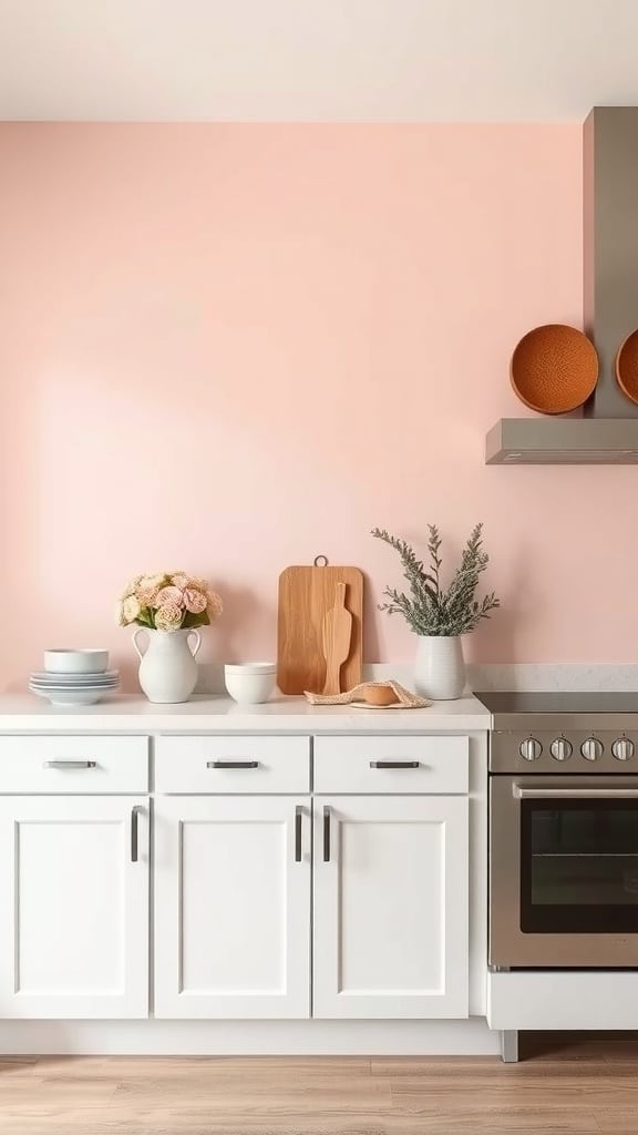 A cozy kitchen with blush pink walls, white cabinets, and neutral decor.