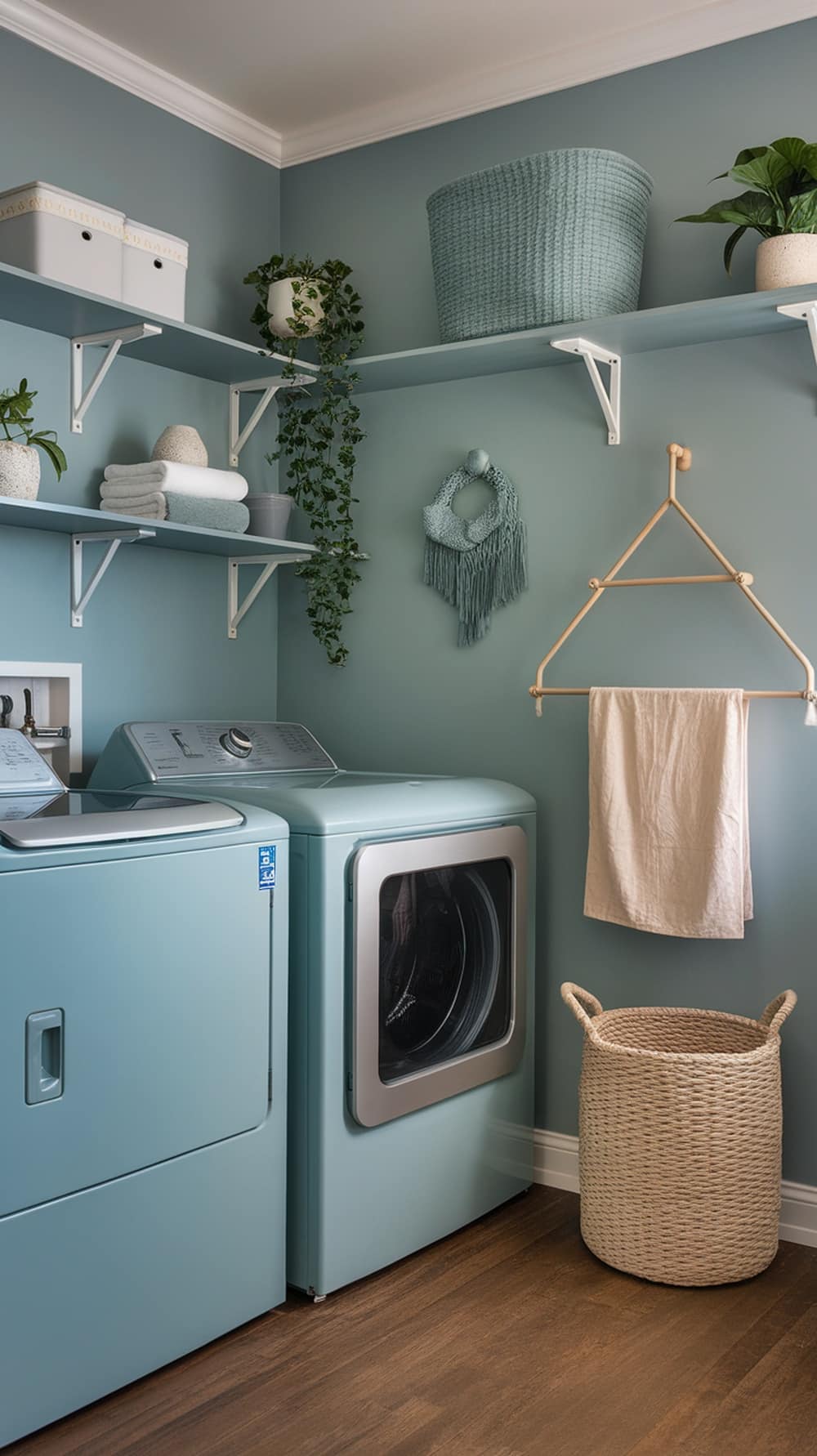 A modern laundry room featuring slate blue walls, gray shelves, and matching blue appliances.